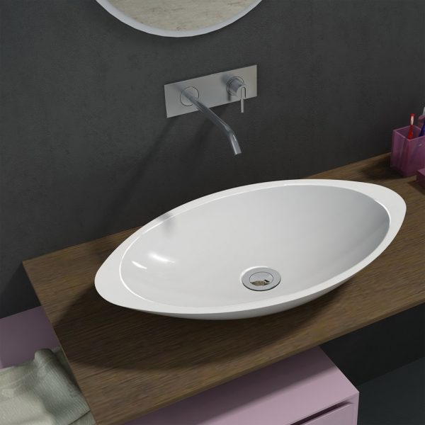 500mm Above Counter Oval Solid Surface Stone Wash Basin Glossy White