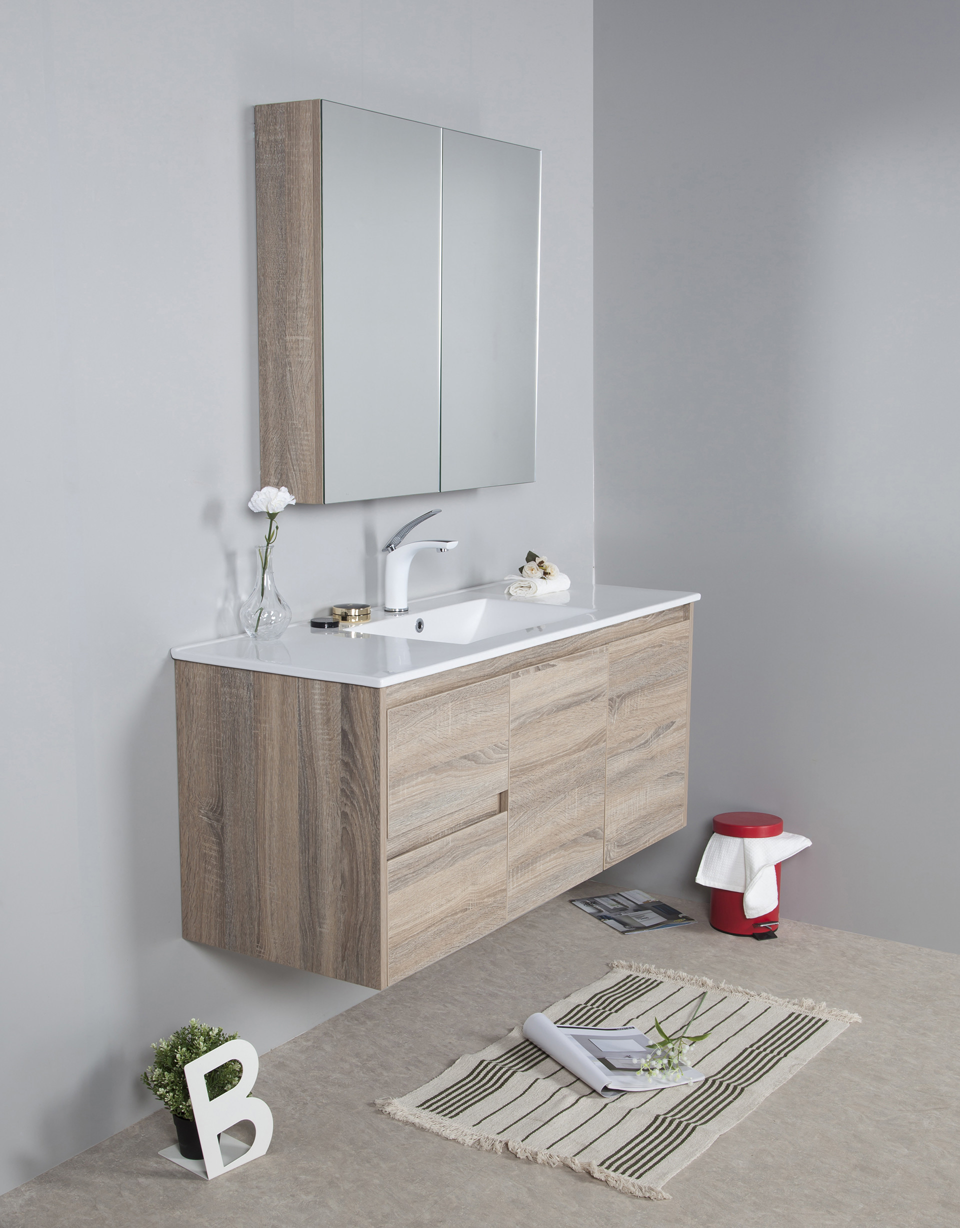 1200mm oak wall hung vanity with ceramic top