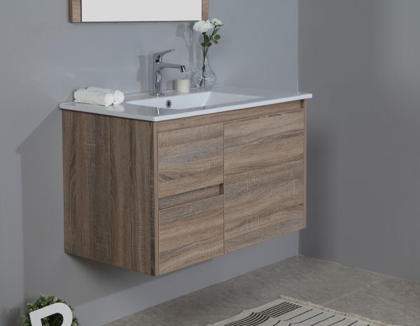 900mm oak wall hung vanity with ceramic top